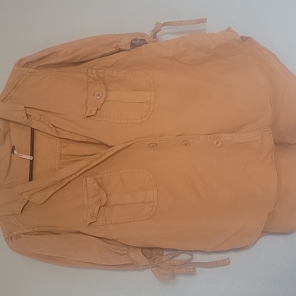 Free People Orange Button-Up Shirt with Tie Sleeves